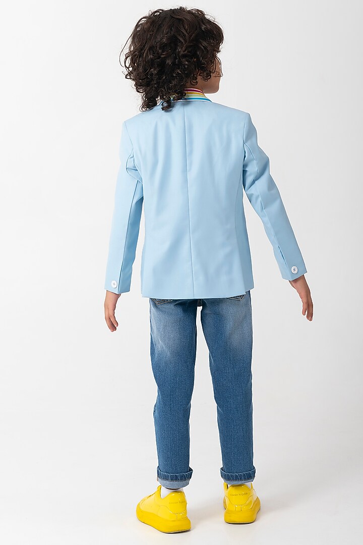 Powder Blue Terry Rayon Resham Handwork Blazer For Boys by Partykles at Pernia's Pop Up Shop