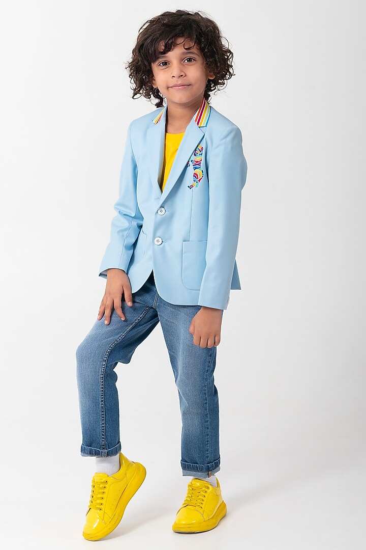 Powder Blue Terry Rayon Resham Handwork Blazer For Boys by Partykles at Pernia's Pop Up Shop