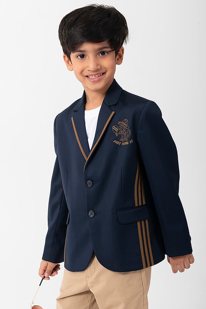 Navy Blue Terry Rayon Resham Handwork Blazer For Boys by Partykles at Pernia's Pop Up Shop