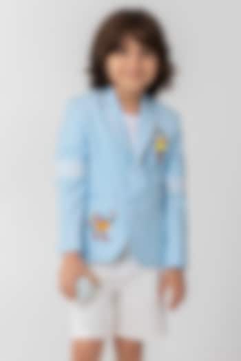 Powder Blue Terry Rayon Resham Handwork Blazer For Boys by Partykles at Pernia's Pop Up Shop