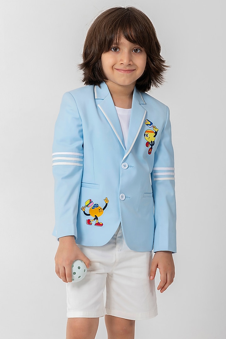 Powder Blue Terry Rayon Resham Handwork Blazer For Boys by Partykles at Pernia's Pop Up Shop