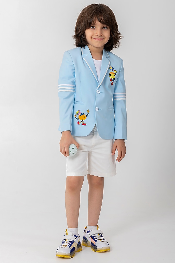Powder Blue Terry Rayon Resham Handwork Blazer For Boys by Partykles at Pernia's Pop Up Shop