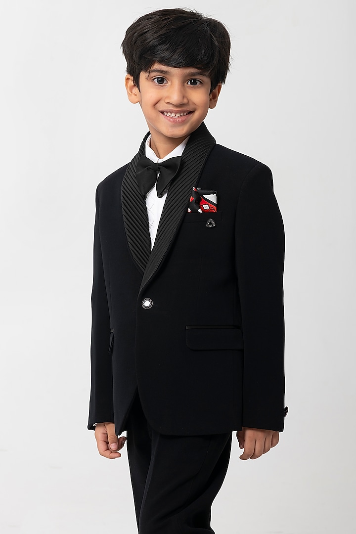 Black Polyester Suiting Tuxedo Set For Boys by Partykles at Pernia's Pop Up Shop