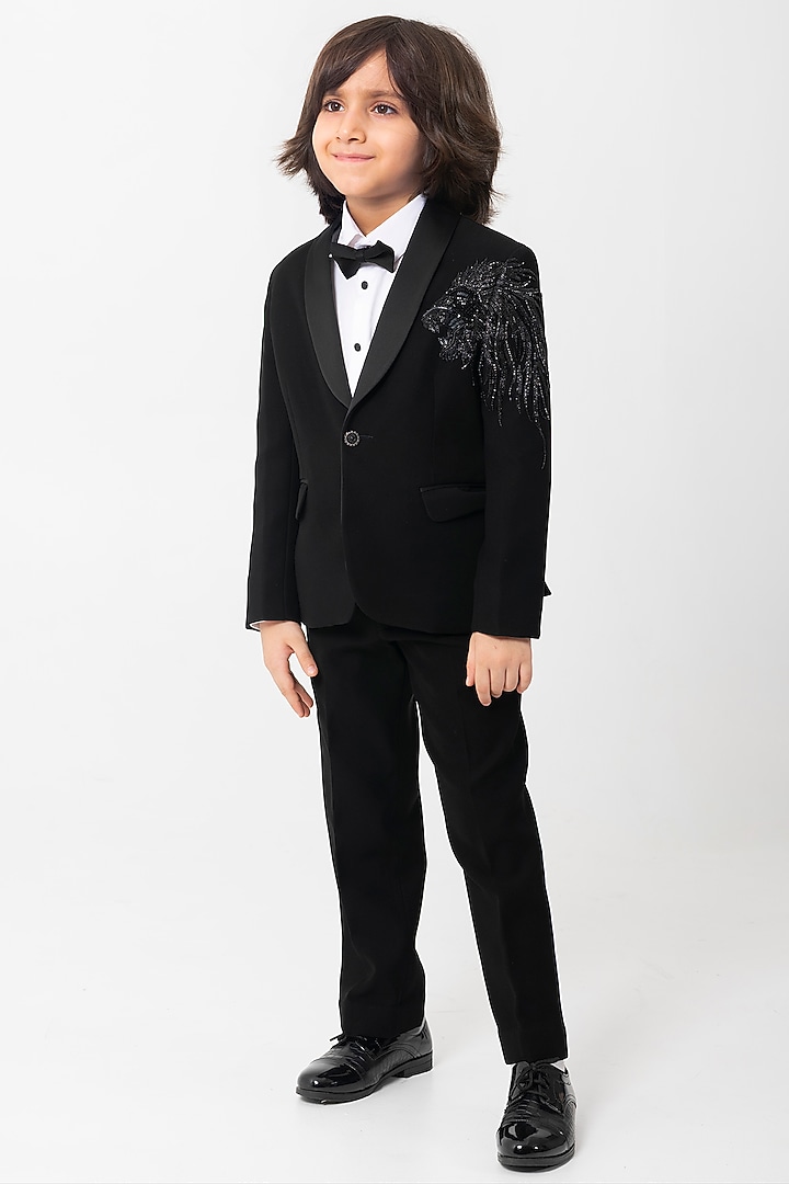 Black Polyester Suiting Bead Handwork Tuxedo Set For Boys by Partykles at Pernia's Pop Up Shop
