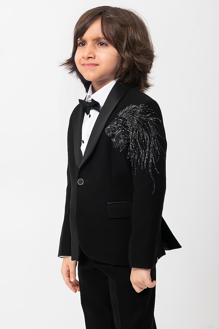 Black Polyester Suiting Bead Handwork Tuxedo Set For Boys by Partykles at Pernia's Pop Up Shop