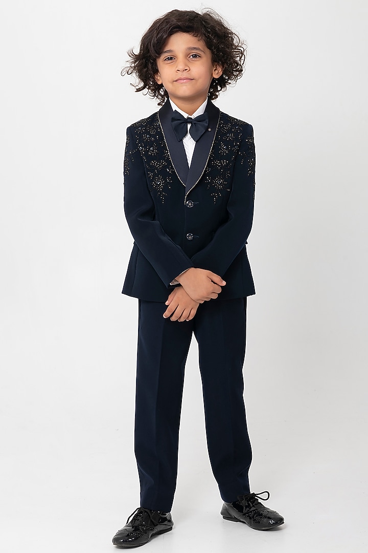 Navy Blue Polyester Suiting Bead Handwork Tuxedo Set For Boys by Partykles at Pernia's Pop Up Shop