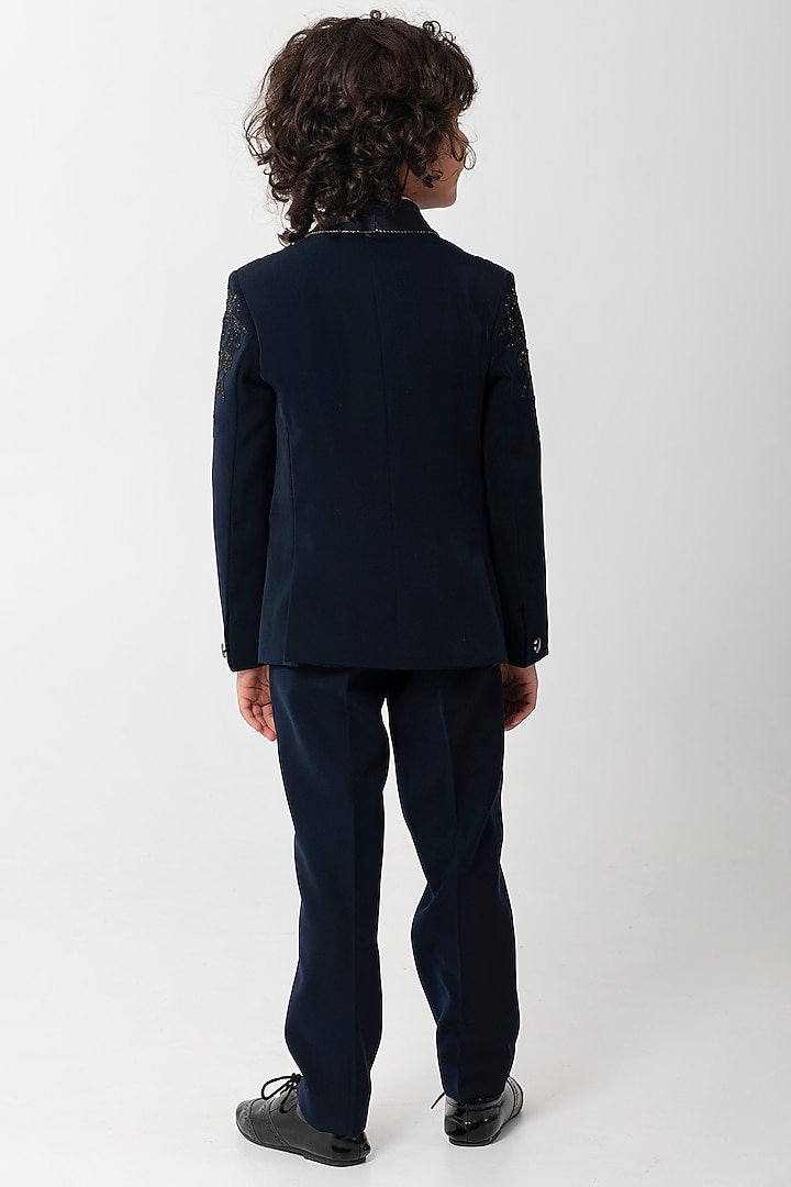 Navy Blue Polyester Suiting Bead Handwork Tuxedo Set For Boys by Partykles at Pernia's Pop Up Shop