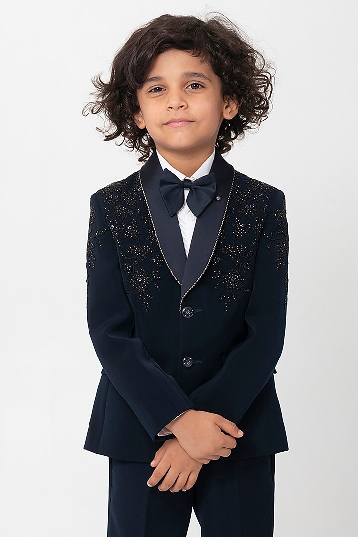Navy Blue Polyester Suiting Bead Handwork Tuxedo Set For Boys by Partykles at Pernia's Pop Up Shop