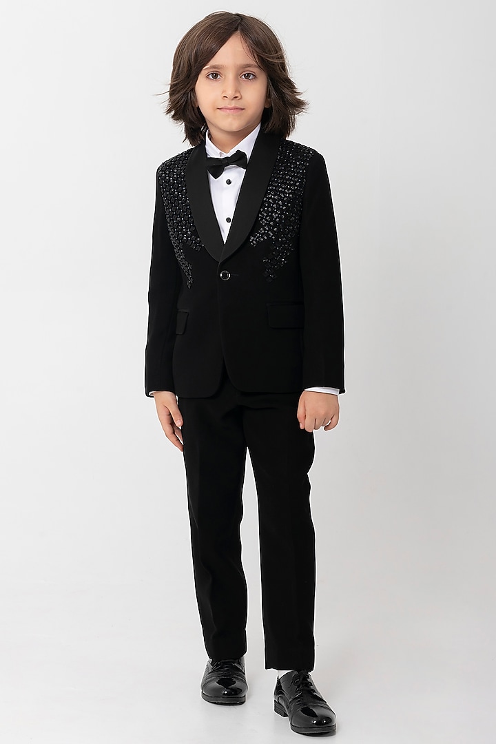 Black Polyester Suiting Cutdana Handwork Tuxedo Set For Boys by Partykles at Pernia's Pop Up Shop
