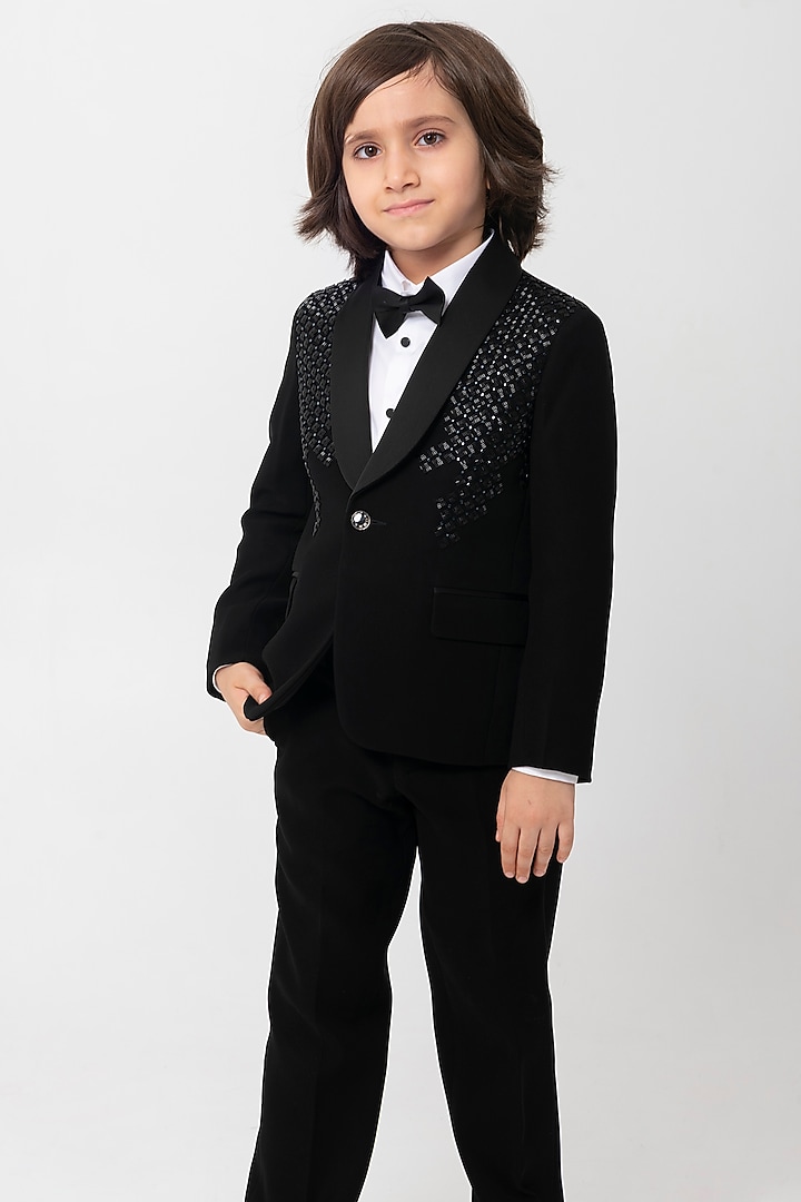 Black Polyester Suiting Cutdana Handwork Tuxedo Set For Boys by Partykles at Pernia's Pop Up Shop