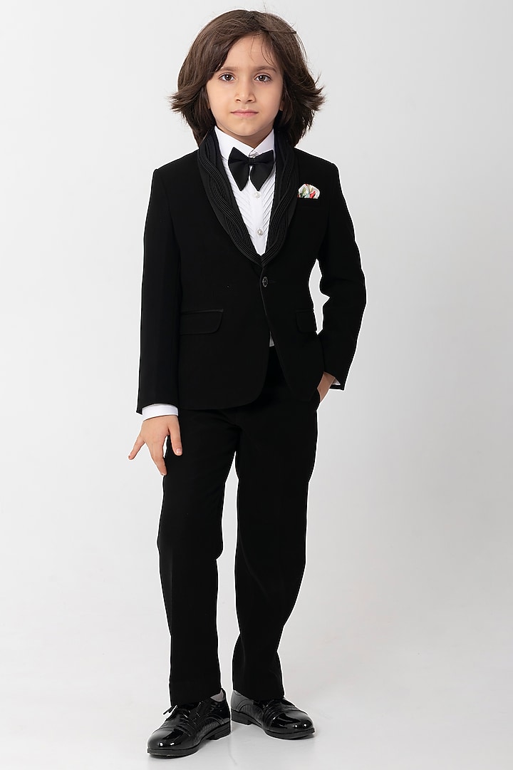 Black Polyester Suiting Tuxedo Set For Boys by Partykles at Pernia's Pop Up Shop