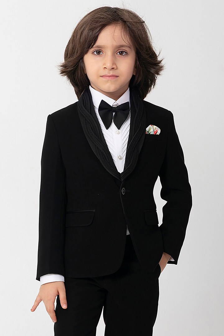 Black Polyester Suiting Tuxedo Set For Boys by Partykles at Pernia's Pop Up Shop