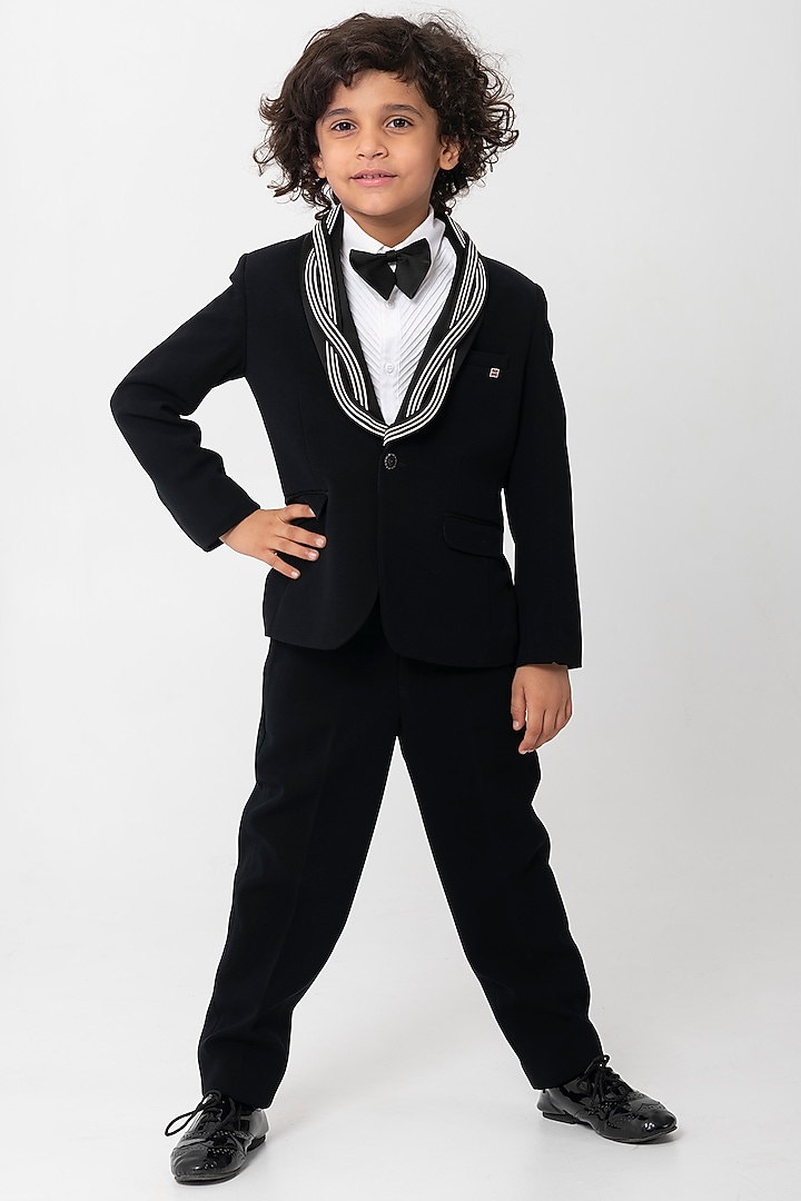 Black Polyester Suiting Tuxedo Set For Boys by Partykles at Pernia's Pop Up Shop