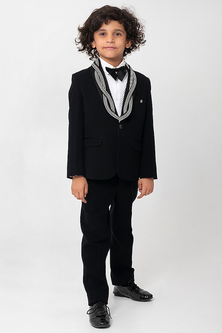 Black Polyester Suiting Tuxedo Set For Boys by Partykles at Pernia's Pop Up Shop
