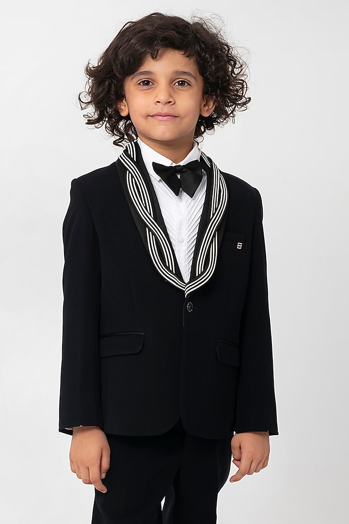 Black Polyester Suiting Tuxedo Set For Boys by Partykles at Pernia's Pop Up Shop