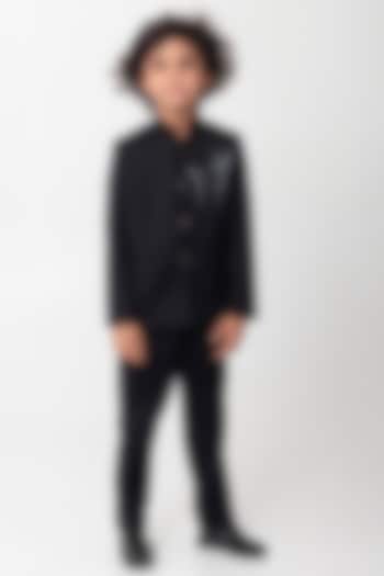 Black Terry Rayon Embroidered Bandhgala Set For Boys by Partykles at Pernia's Pop Up Shop