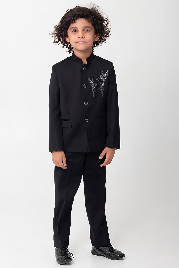 Black Terry Rayon Embroidered Bandhgala Set For Boys by Partykles at Pernia's Pop Up Shop