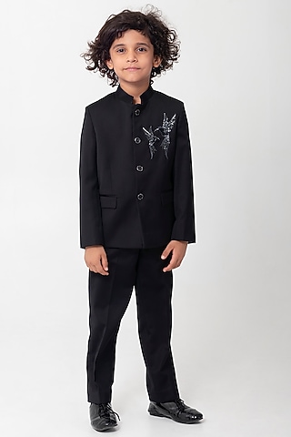 Black Terry Rayon Embroidered Bandhgala Set For Boys by Partykles