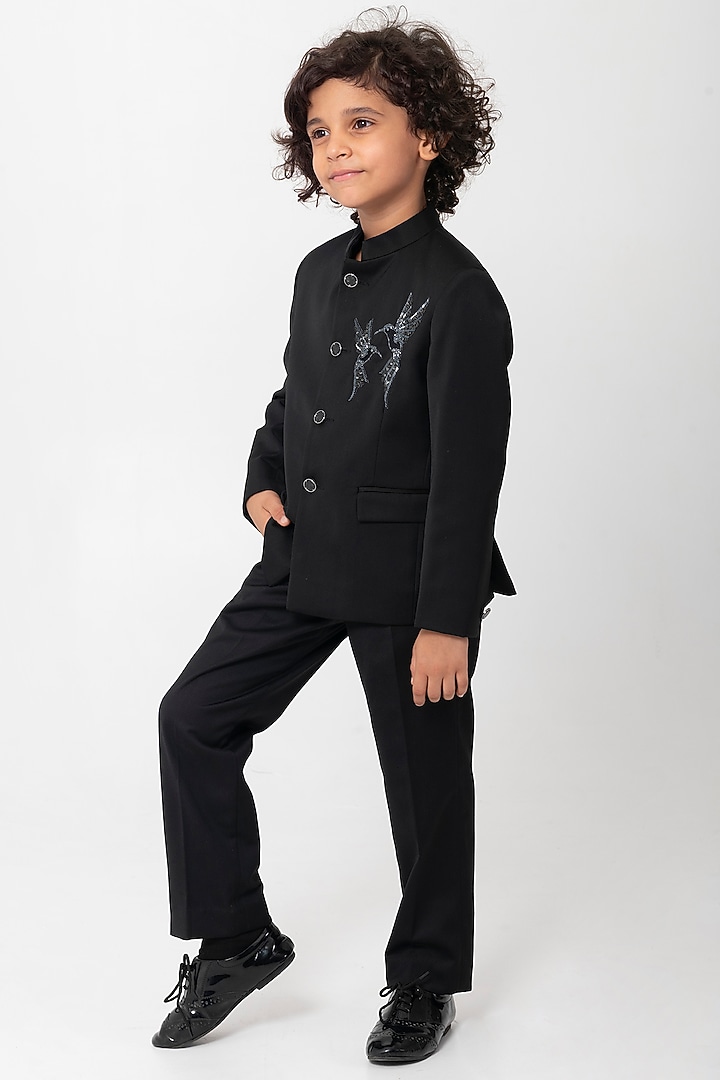 Black Terry Rayon Embroidered Bandhgala Set For Boys by Partykles at Pernia's Pop Up Shop