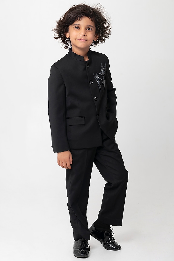 Black Terry Rayon Embroidered Bandhgala Set For Boys by Partykles at Pernia's Pop Up Shop