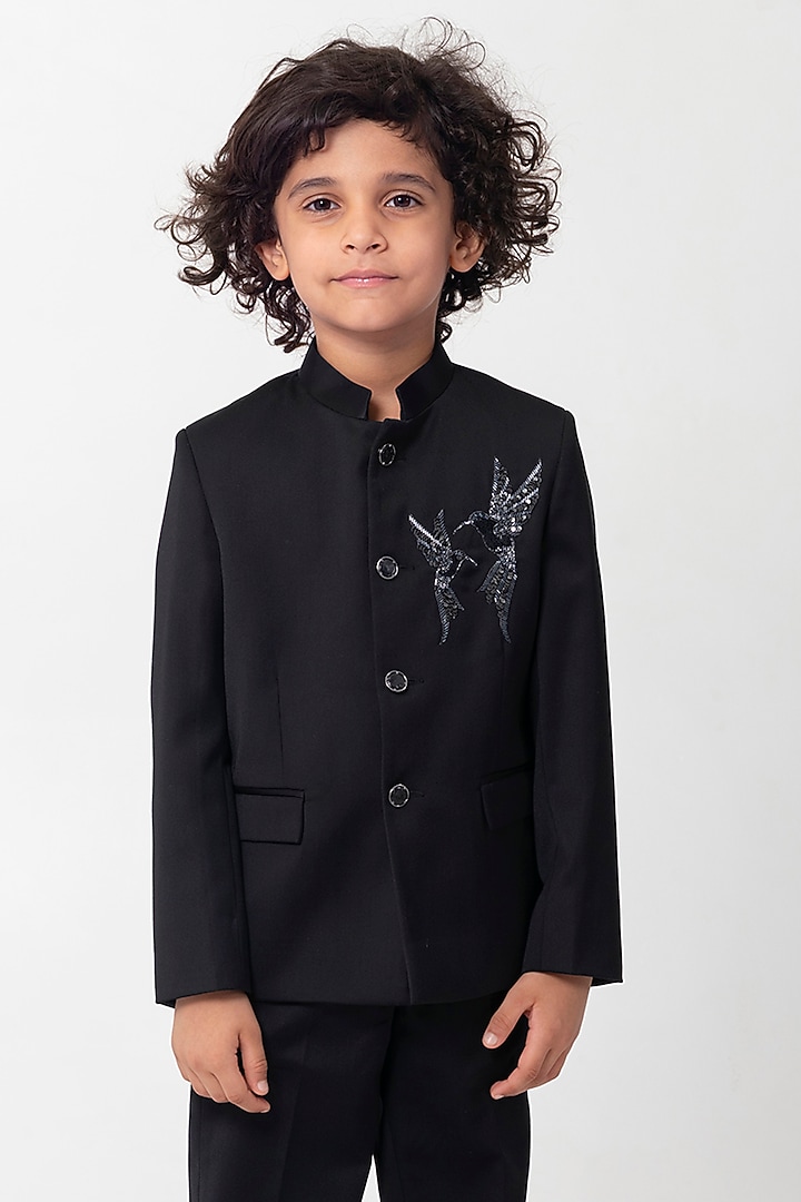 Black Terry Rayon Embroidered Bandhgala Set For Boys by Partykles at Pernia's Pop Up Shop