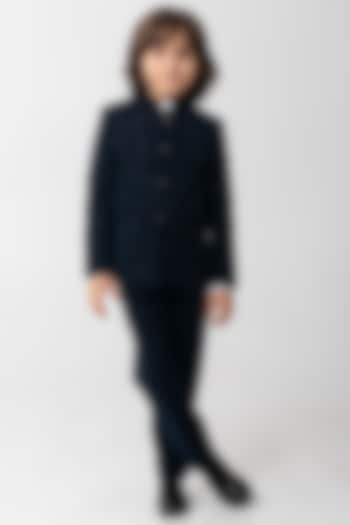 Navy Blue Polyester Suiting Embroidered Bandhgala Set For Boys by Partykles at Pernia's Pop Up Shop