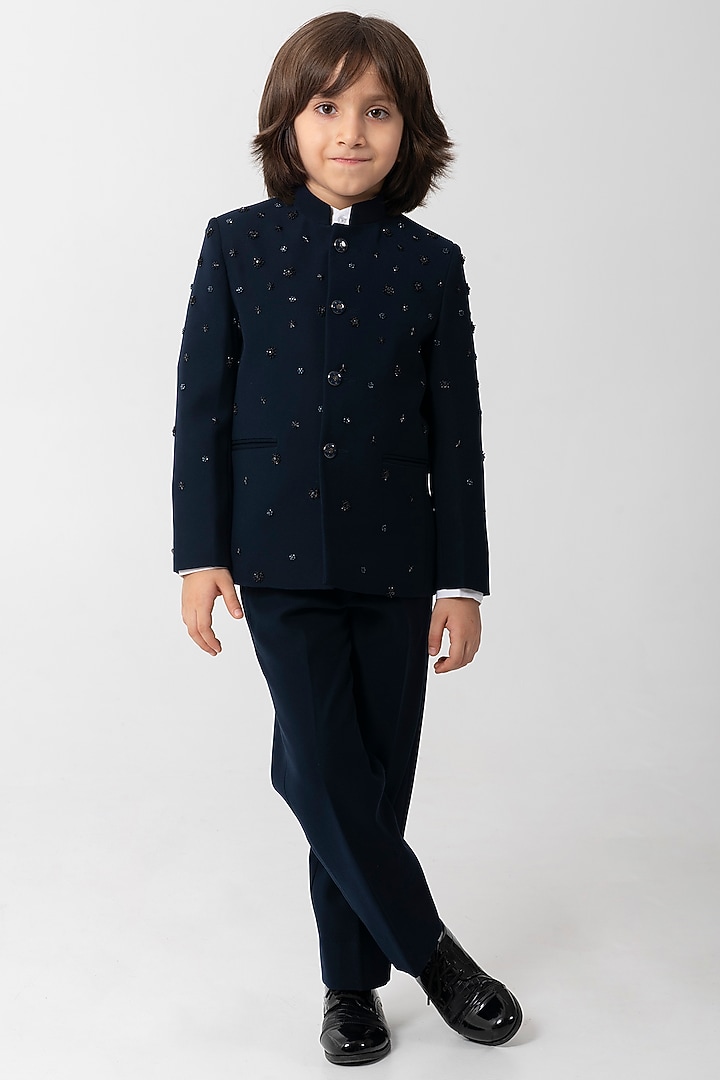 Navy Blue Polyester Suiting Embroidered Bandhgala Set For Boys by Partykles at Pernia's Pop Up Shop