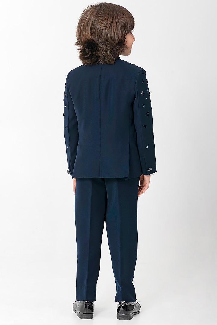 Navy Blue Polyester Suiting Embroidered Bandhgala Set For Boys by Partykles at Pernia's Pop Up Shop