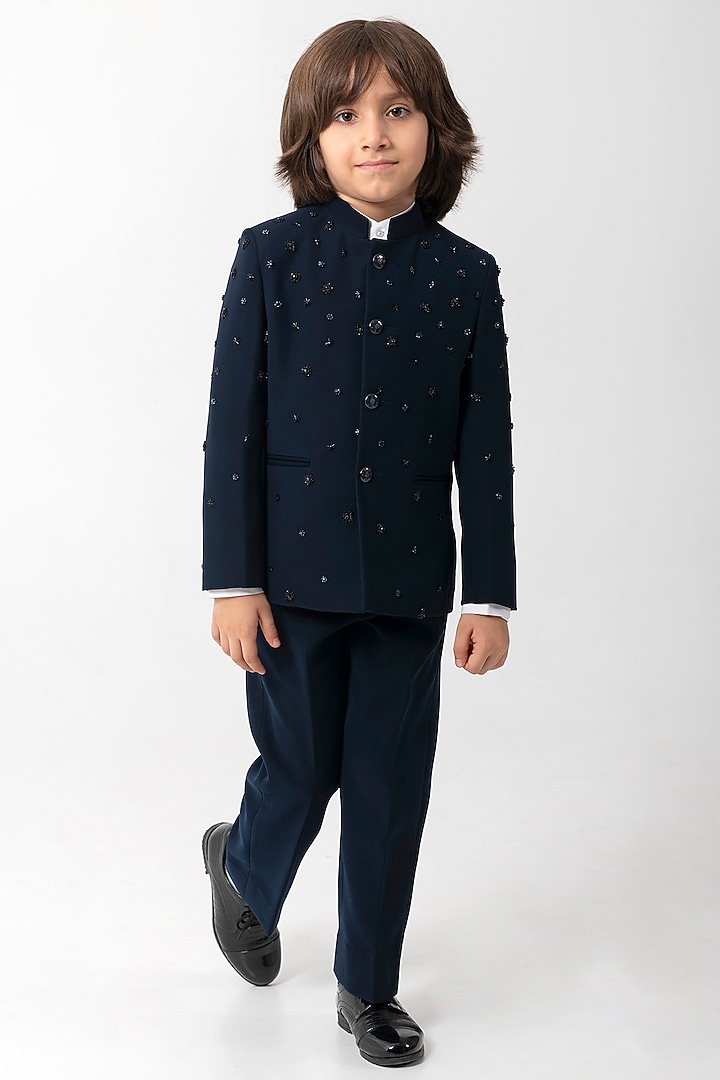 Navy Blue Polyester Suiting Embroidered Bandhgala Set For Boys by Partykles at Pernia's Pop Up Shop
