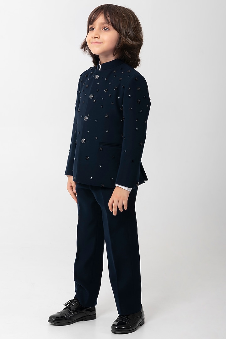 Navy Blue Polyester Suiting Embroidered Bandhgala Set For Boys by Partykles at Pernia's Pop Up Shop