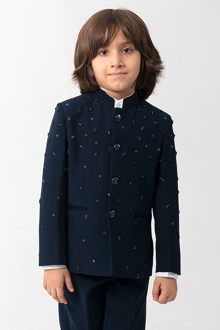 Navy Blue Polyester Suiting Embroidered Bandhgala Set For Boys by Partykles at Pernia's Pop Up Shop