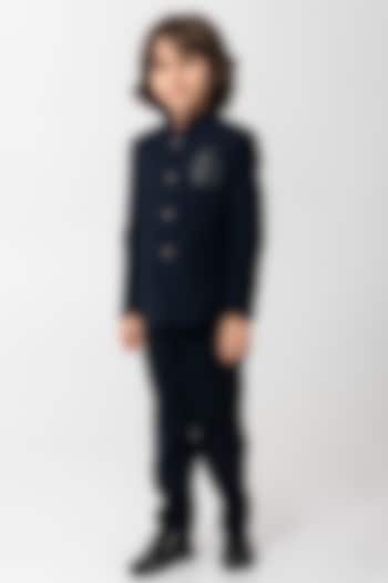 Navy Blue Polyester Suiting Embroidered Bandhgala Set For Boys by Partykles at Pernia's Pop Up Shop