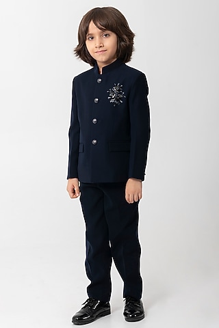 Navy Blue Polyester Suiting Embroidered Bandhgala Set For Boys by Partykles