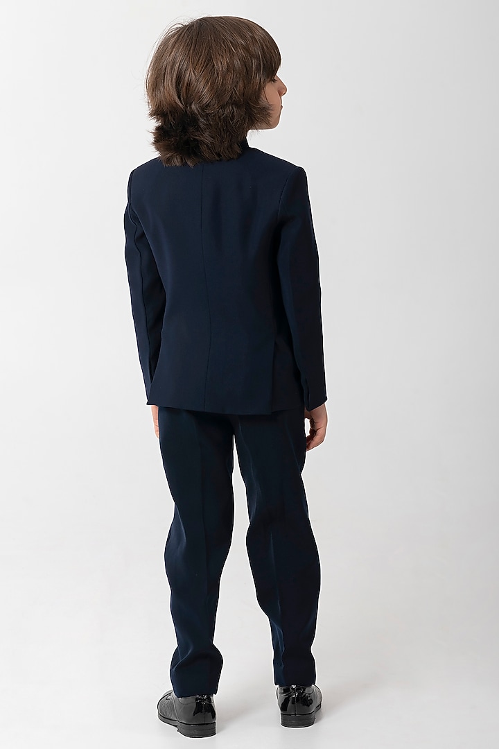 Navy Blue Polyester Suiting Embroidered Bandhgala Set For Boys by Partykles at Pernia's Pop Up Shop
