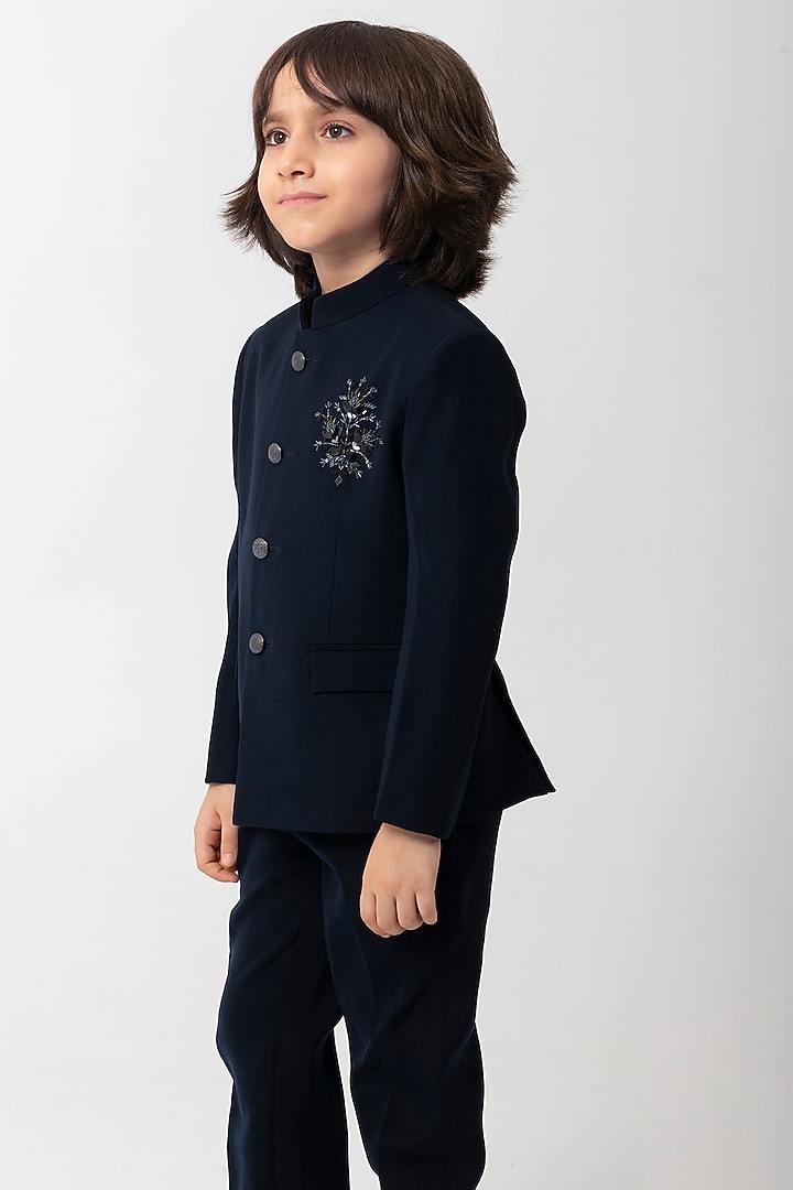 Navy Blue Polyester Suiting Embroidered Bandhgala Set For Boys by Partykles at Pernia's Pop Up Shop