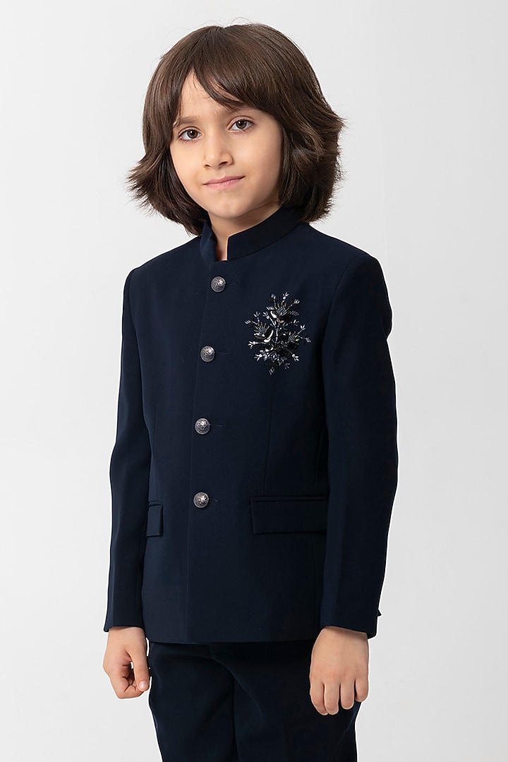 Navy Blue Polyester Suiting Embroidered Bandhgala Set For Boys by Partykles at Pernia's Pop Up Shop