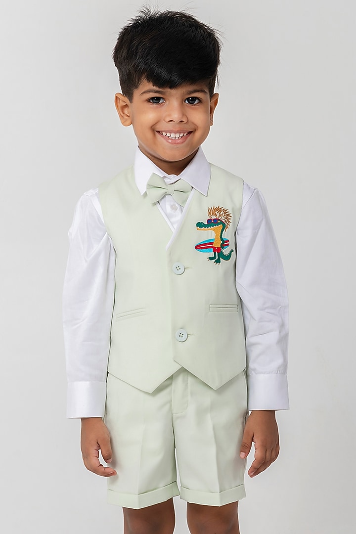 Pastel Pista Green Terry Rayon Embroidered Waistcoat Set For Boys by Partykles at Pernia's Pop Up Shop