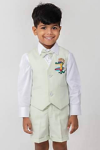 Pastel Pista Green Terry Rayon Embroidered Waistcoat Set For Boys by Partykles