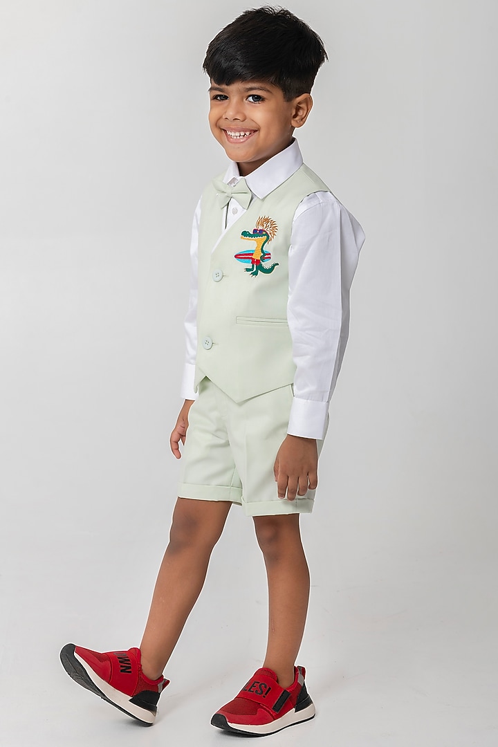 Pastel Pista Green Terry Rayon Embroidered Waistcoat Set For Boys by Partykles at Pernia's Pop Up Shop