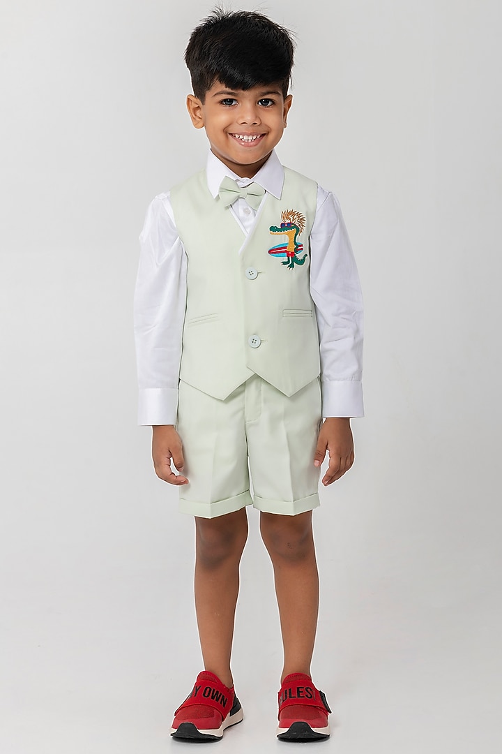 Pastel Pista Green Terry Rayon Embroidered Waistcoat Set For Boys by Partykles at Pernia's Pop Up Shop
