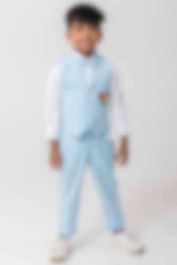 Powder Blue Terry Rayon Embroidered Waistcoat Set For Boys by Partykles at Pernia's Pop Up Shop