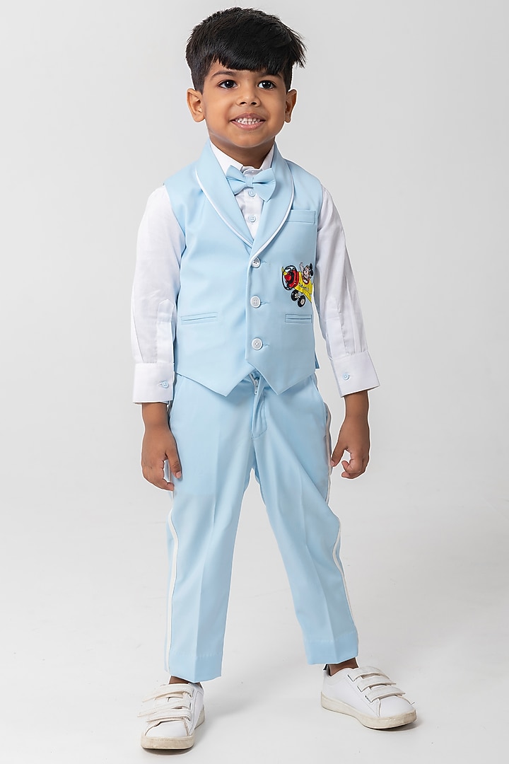 Powder Blue Terry Rayon Embroidered Waistcoat Set For Boys by Partykles at Pernia's Pop Up Shop