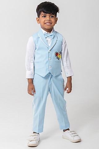 Powder Blue Terry Rayon Embroidered Waistcoat Set For Boys by Partykles