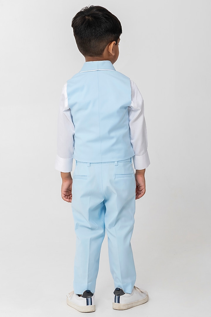 Powder Blue Terry Rayon Embroidered Waistcoat Set For Boys by Partykles at Pernia's Pop Up Shop