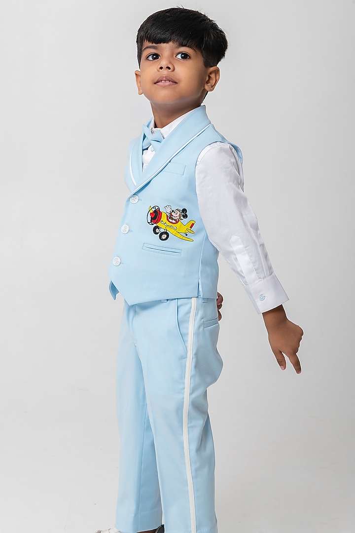Powder Blue Terry Rayon Embroidered Waistcoat Set For Boys by Partykles at Pernia's Pop Up Shop