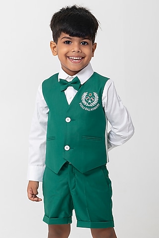 Emerald Green Terry Rayon Embroidered Waistcoat Set For Boys by Partykles