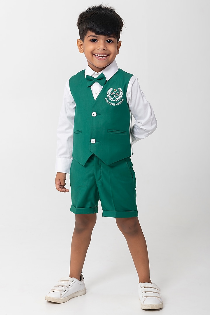 Emerald Green Terry Rayon Embroidered Waistcoat Set For Boys by Partykles at Pernia's Pop Up Shop