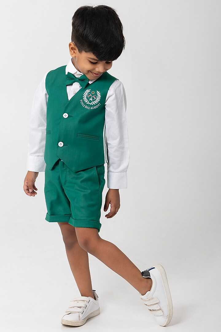 Emerald Green Terry Rayon Embroidered Waistcoat Set For Boys by Partykles at Pernia's Pop Up Shop