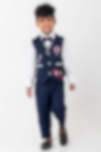 Navy Blue Terry Rayon Embroidered Waistcoat Set For Boys by Partykles at Pernia's Pop Up Shop