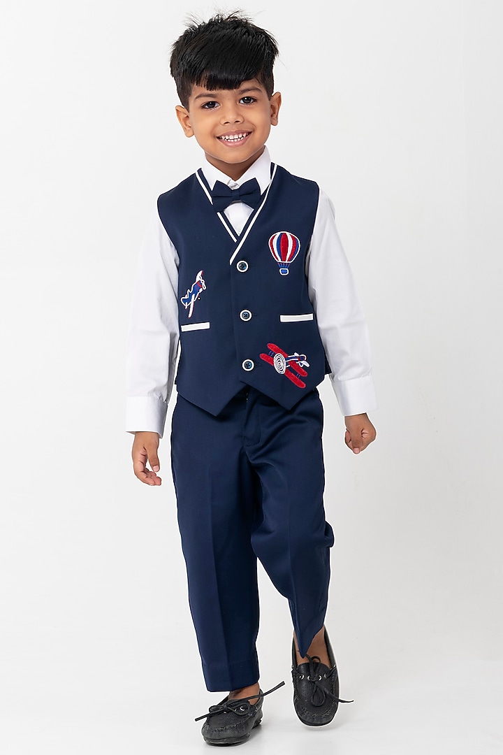 Navy Blue Terry Rayon Embroidered Waistcoat Set For Boys by Partykles at Pernia's Pop Up Shop